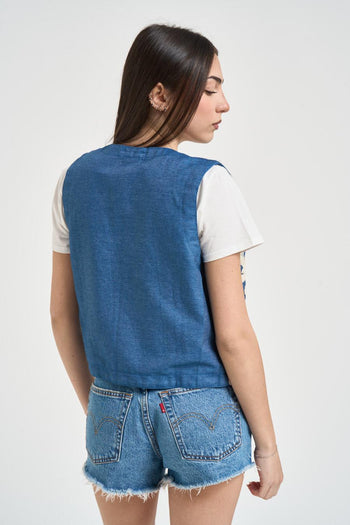 Gilet donna in cotone blu con ricami - 4
