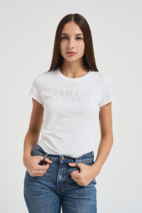 T-shirt donna girocollo bianca con strass