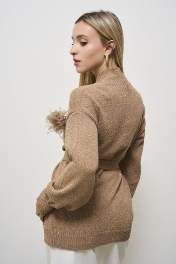 Women's camel cardigan with sequins - 4
