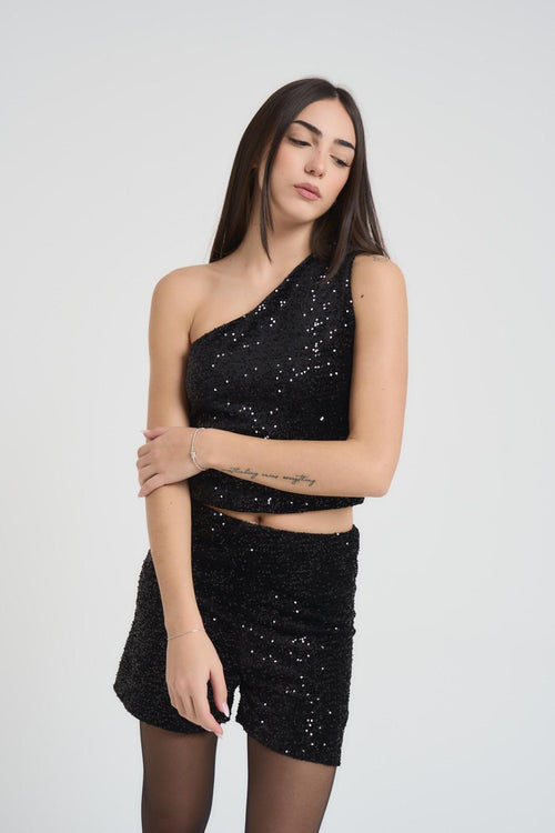 Top donna monospalla con paillettes nera - 2
