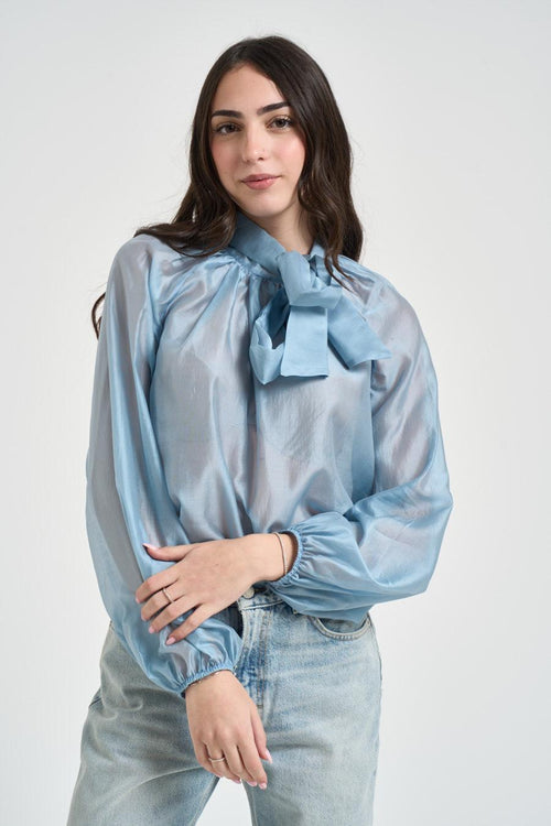 Blusa donna con fiocco celeste