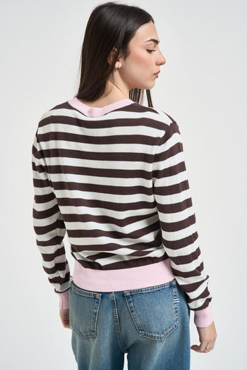 Maglia donna a righe bicolor marrone e panna - 3