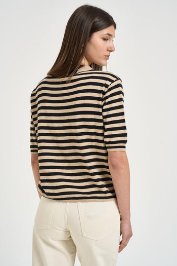 T-shirt donna in maglia a righe beige e nere - 3