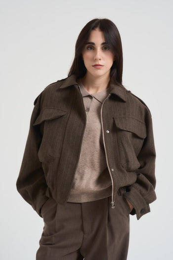 Bomber donna gessato in fresco lana marrone - 4