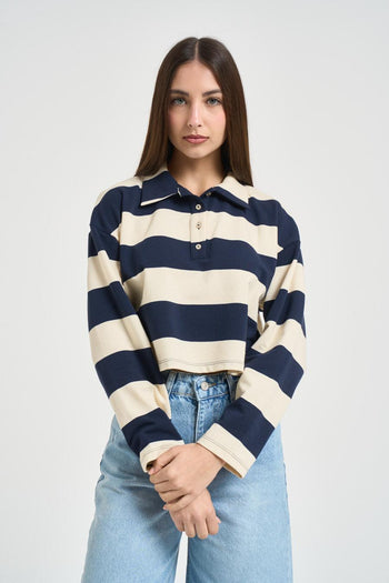 Polo donna a righe blu e panna - 4