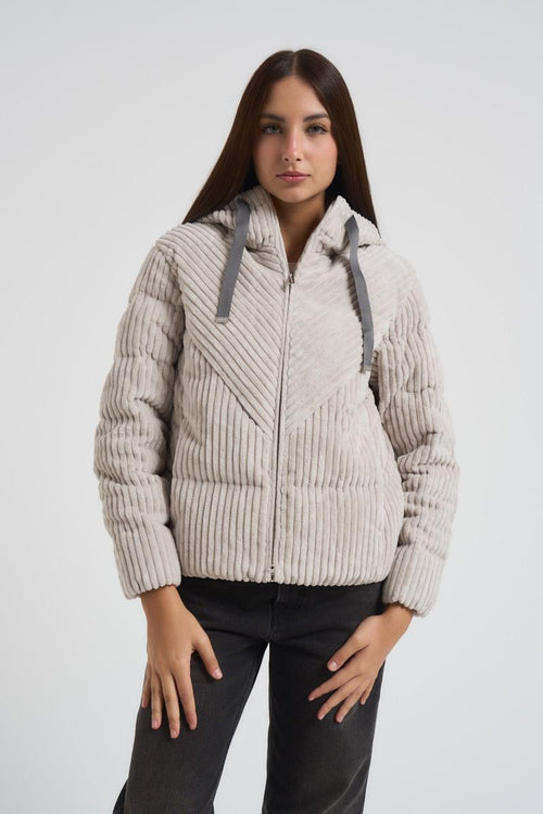 Piumino con cappuccio in velluto a coste panna donna - 2