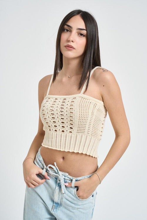 Top donna cropped in maglia traforata beige