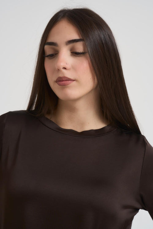 Blusa donna girocollo satinata marrone - 2