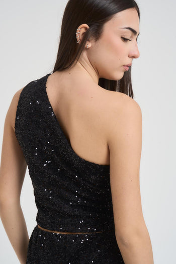 Top donna monospalla con paillettes nera - 5