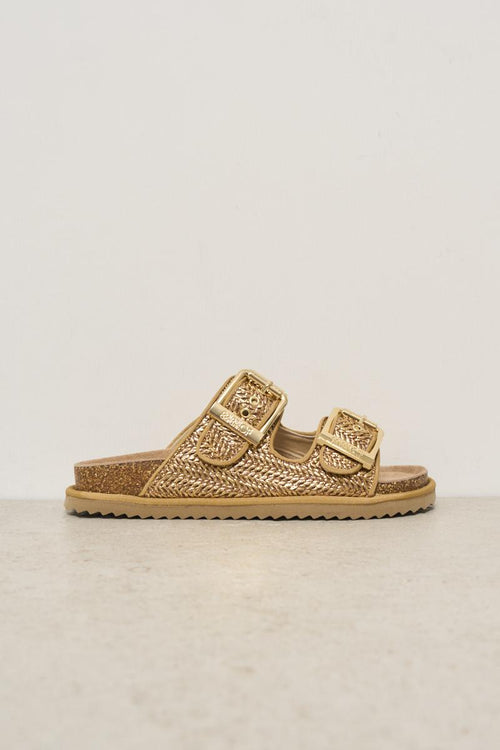 Sandalo donna in rafia laminato oro