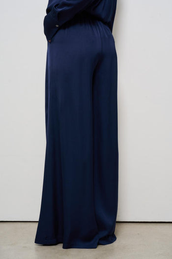 Pantalone donna a palazzo satinato blu - 4