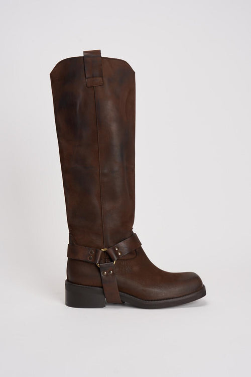 Stivale biker marrone in pelle invecchiata
