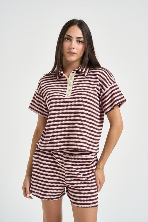 Polo donna a righe marrone e rosa - 1