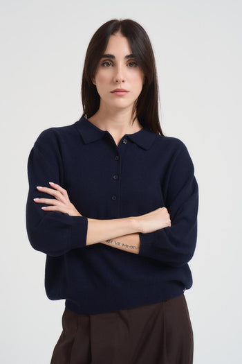 Maglione pullover donna collo polo blu - 6