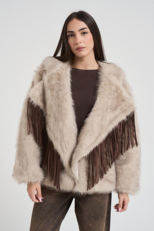 Ecopelliccia donna con frange beige - 2