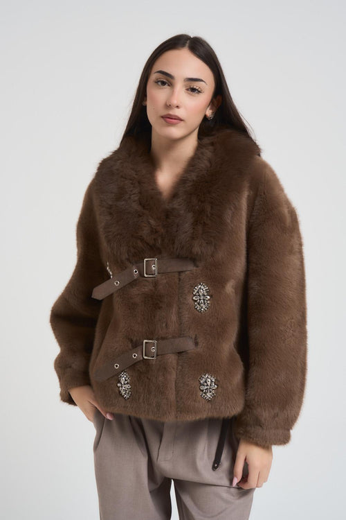 Ecopelliccia donna con fibbie marrone