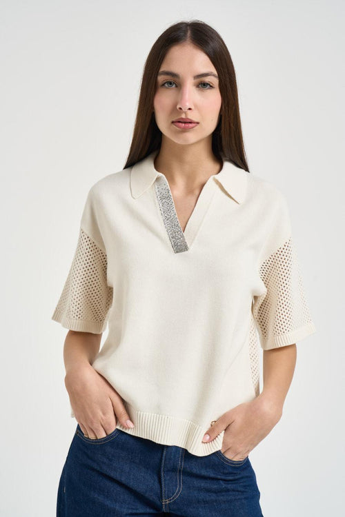T-shirt donna con dettagli traforati panna