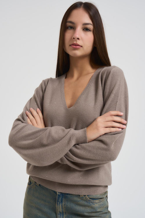 Maglia donna con micro paillettes tortora - 2