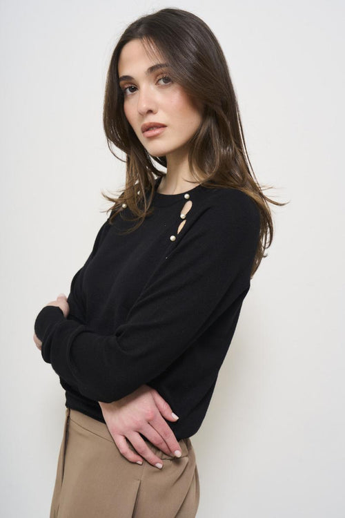 Women's black cut-out sweater with pearls - 2