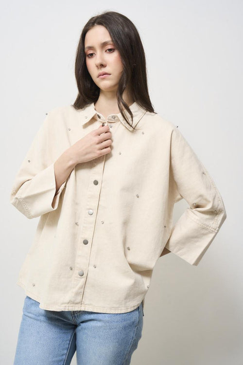 Beige women's shirt with rhinestones - 2