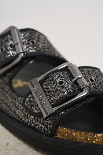 Women's sandal in black laminated raffia - 4