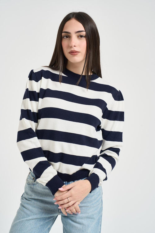 Maglia donna girocollo a righe bianca e blu