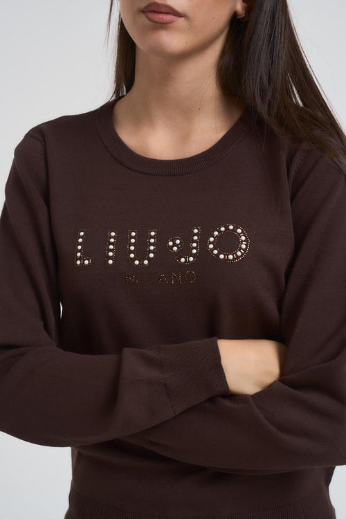 Maglia donna girocollo marrone con strass
