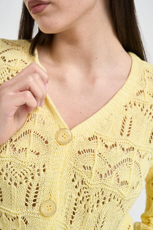 Cardigan donna cropped in maglia traforata giallo - 2