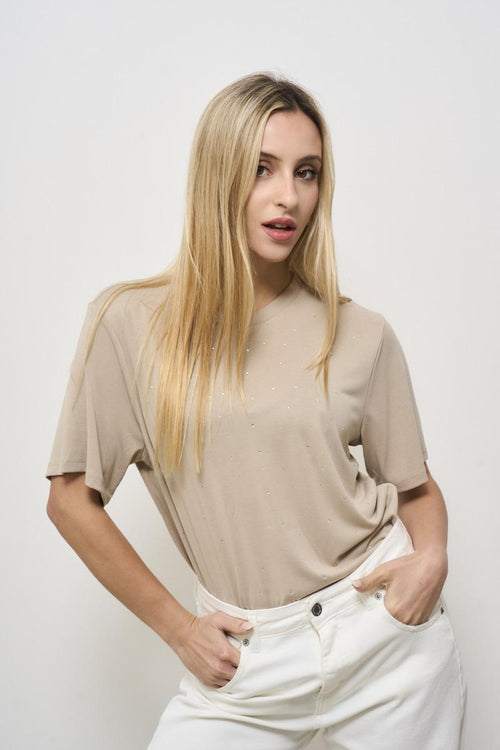 Women's beige crew neck T-shirt with light points