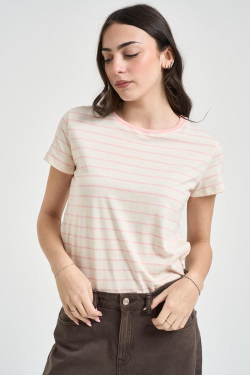 T-shirt donna girocollo a righe rosa