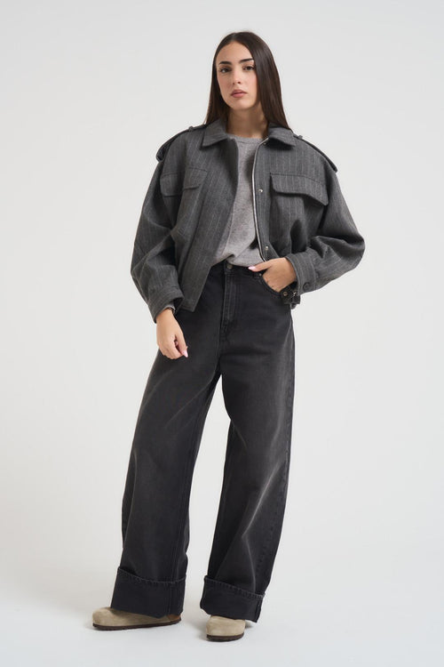 Bomber donna gessato in fresco lana grigio