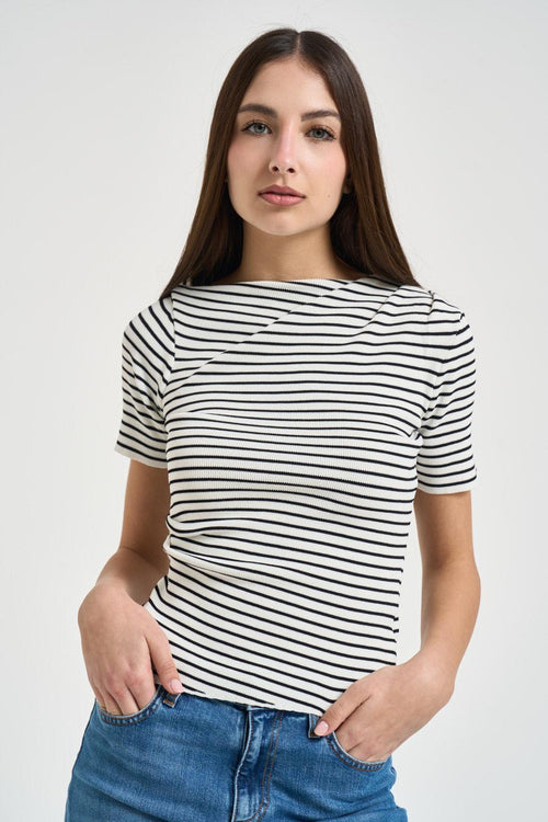 T-shirt donna a righe bianca e nera - 1