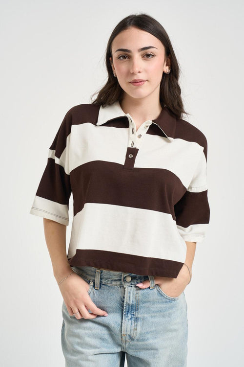 Polo donna a righe bianca e marrone