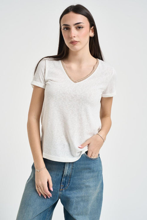 T-shirt donna panna con glitter su scollo
