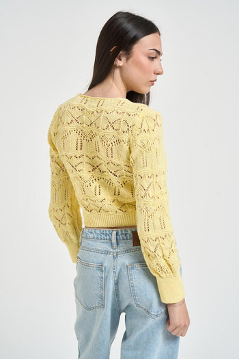 Cardigan donna cropped in maglia traforata giallo - 3