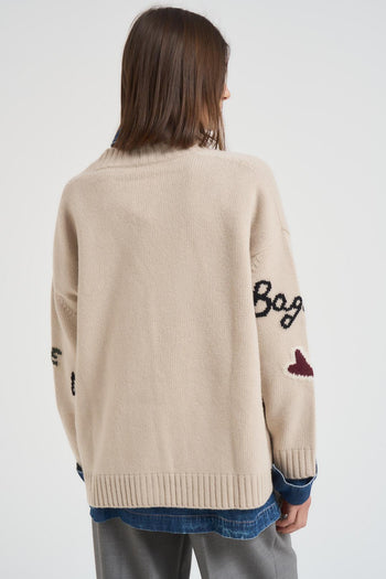 Cardigan donna beige Belgio con scritte ricamate - 5