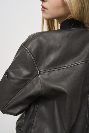 Women's black faux leather bomber jacket - 7