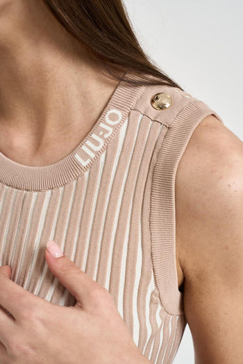 Top donna a coste beige e panna - 4