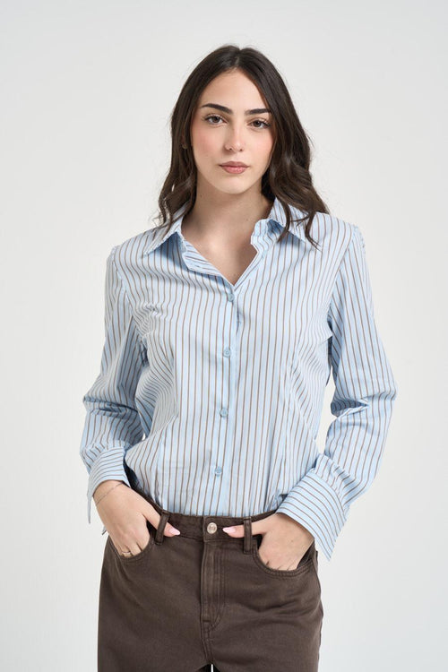 Camicia donna a righe azzurro e beige - 1