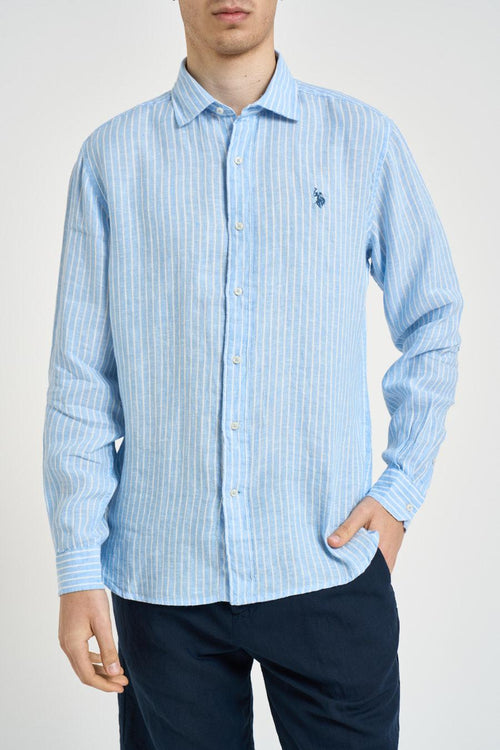 Camicia uomo a righe bianche e celesti in lino