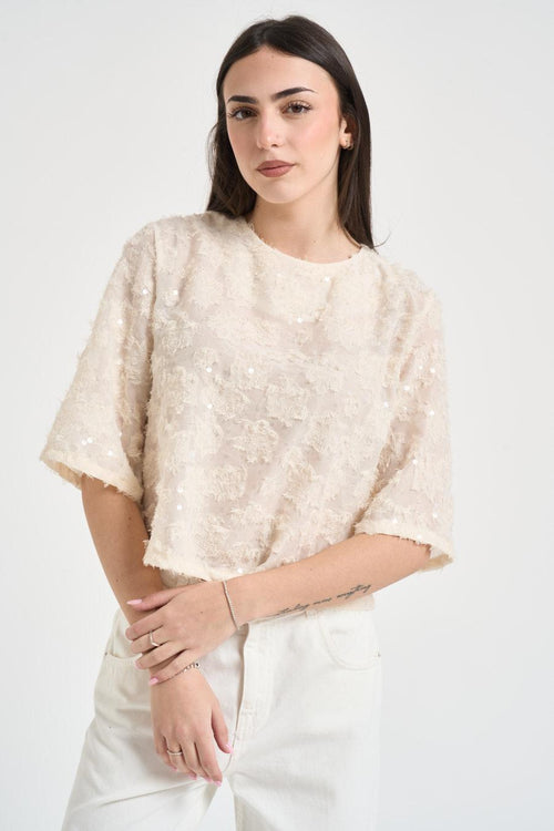 Blusa donna cropped panna con fiori - 1