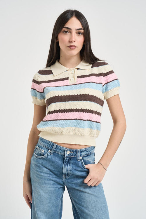 Polo donna cropped a righe multicolor