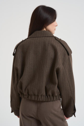 Bomber donna gessato in fresco lana marrone - 7