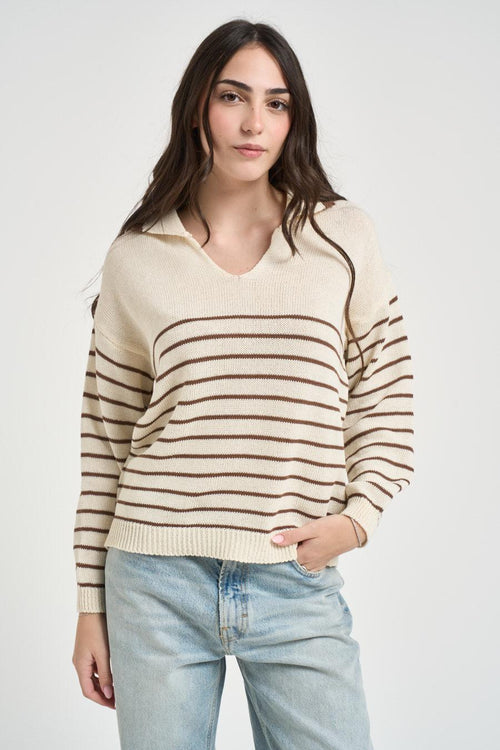 Maglia donna a righe panna e marrone