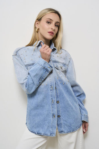 Giubbotto donna in denim chiaro con strass - 3