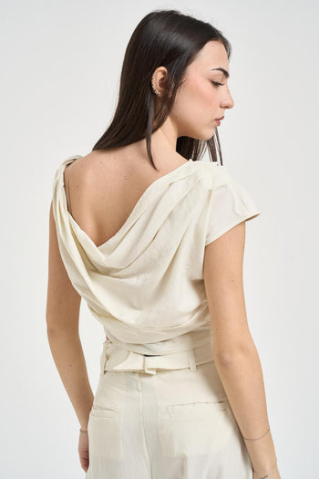 Top donna drappeggiato cropped panna - 5