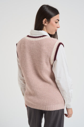 Gilet donna scollo a V rosa e bordeaux - 6