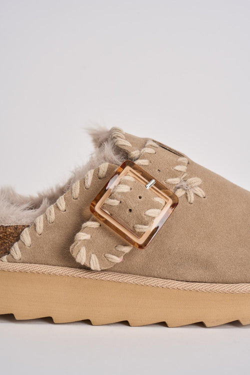 Sabot platform donna pelle scamosciata con cuciture beige - 2