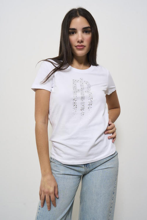 White crew neck women's t-shirt with rhinestones - 2