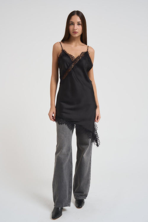 Top donna satinato in pizzo nero